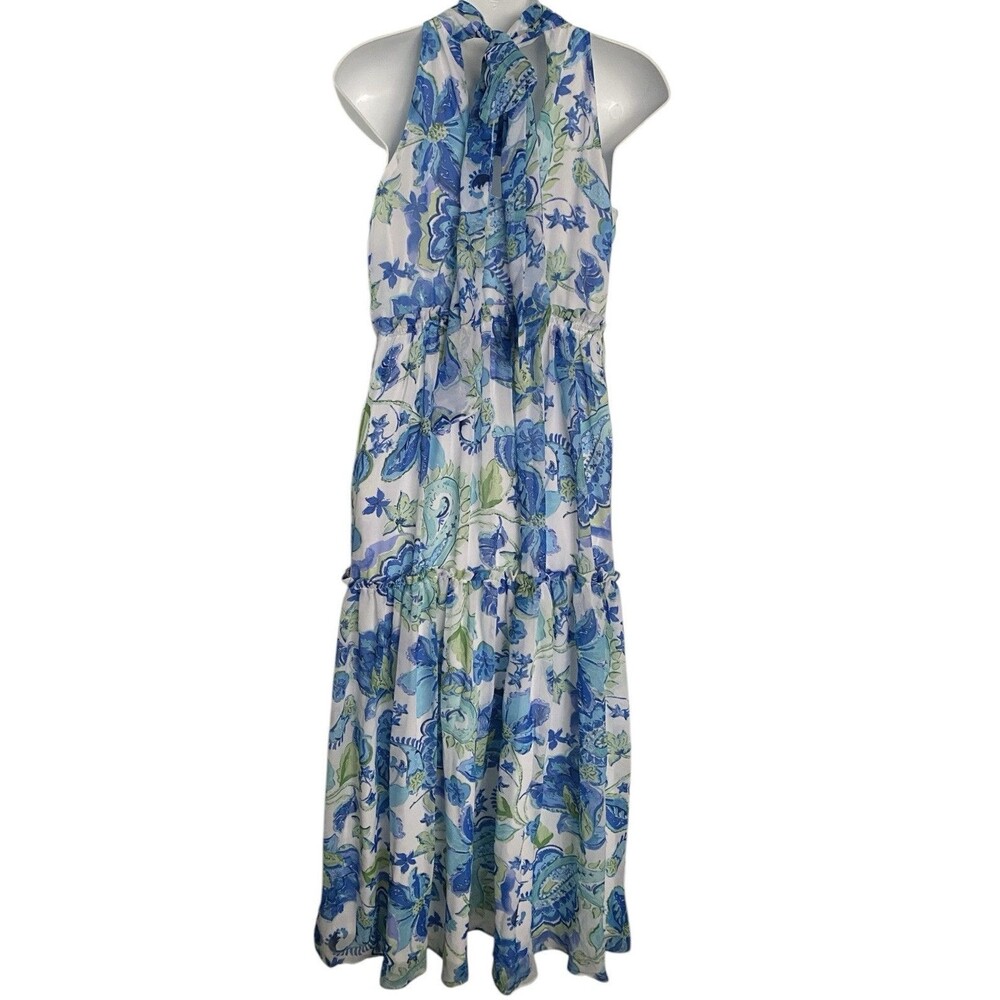 Nicole Miller NY Dress Floral Blue Green Midi - Picture 4 of 8